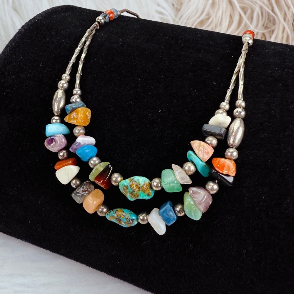 Vintage Multicolor Stone Chip Double Strand Southwestern Necklace